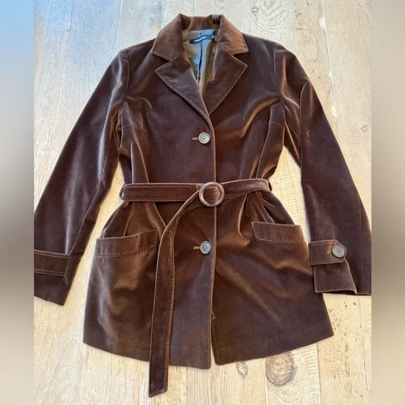 Vintage Prague Brown Velvet Belted Blazer Jacket - Women L - Picture 1 of 10